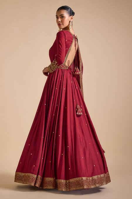 Prevasu_Maroon Tussar Sequins, Beads, Zari Round Neck Embellished Border Anarkali Set _Online_at_Aza_Fashions
