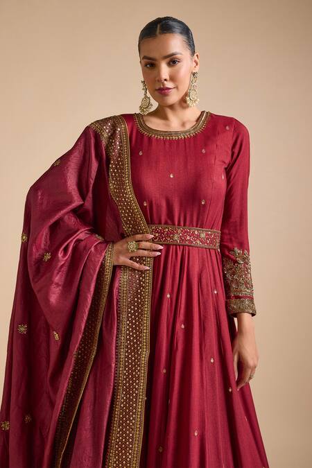 Buy_Prevasu_Maroon Tussar Sequins, Beads, Zari Round Neck Embellished Border Anarkali Set _Online_at_Aza_Fashions