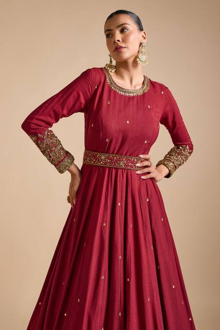 Shop_Prevasu_Maroon Tussar Sequins, Beads, Zari Round Neck Embellished Border Anarkali Set _Online_at_Aza_Fashions