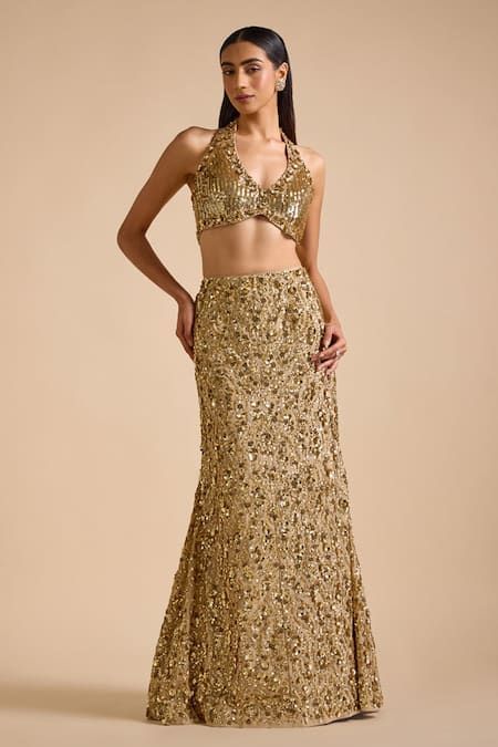 Prevasu Gold Blouse Net Embroidery Sequin Halter Neck Embellished Mermaid Lehenga With 