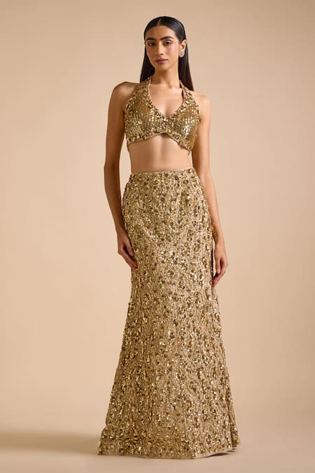 Prevasu_Gold Georgette, Net Sequins, Beads Embellished Mermaid Lehenga With Blouse _Online_at_Aza_Fashions