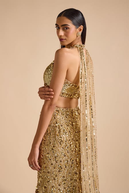 Buy_Prevasu_Gold Georgette, Net Sequins, Beads Embellished Mermaid Lehenga With Blouse _Online_at_Aza_Fashions