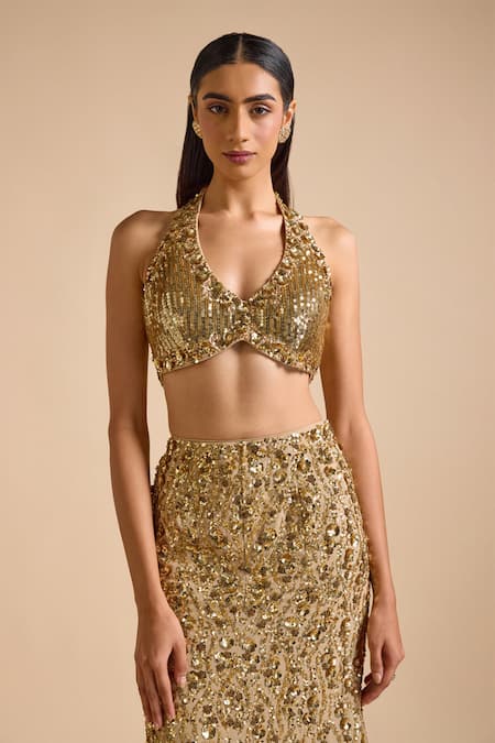 Prevasu_Gold Georgette, Net Sequins, Beads Embellished Mermaid Lehenga With Blouse _at_Aza_Fashions
