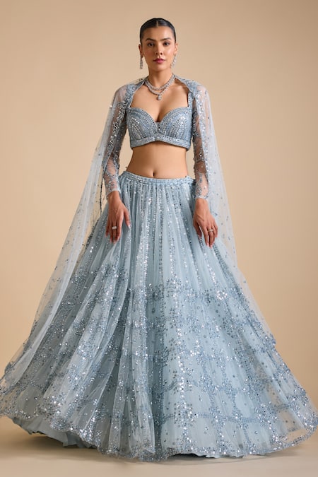 Prevasu_Blue Net Sequins, Beads, Mirrors Cut-out Embellished Checkered Lehenga Set _Online_at_Aza_Fashions
