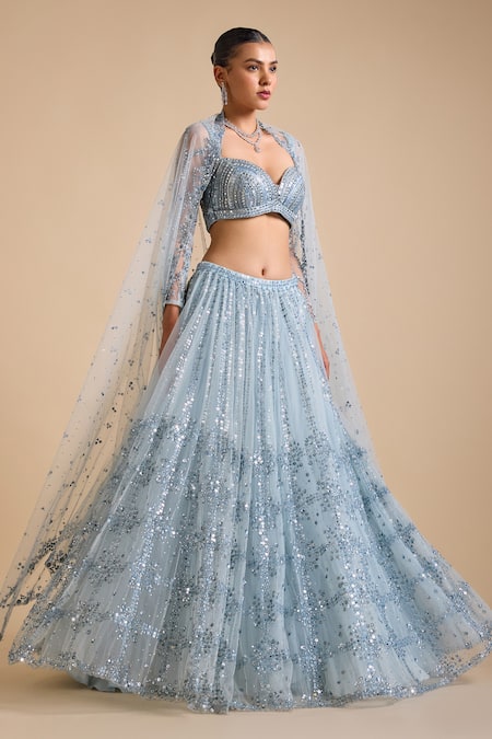Buy_Prevasu_Blue Net Sequins, Beads, Mirrors Cut-out Embellished Checkered Lehenga Set _Online_at_Aza_Fashions