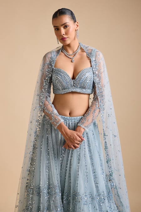 Shop_Prevasu_Blue Net Sequins, Beads, Mirrors Cut-out Embellished Checkered Lehenga Set _Online_at_Aza_Fashions