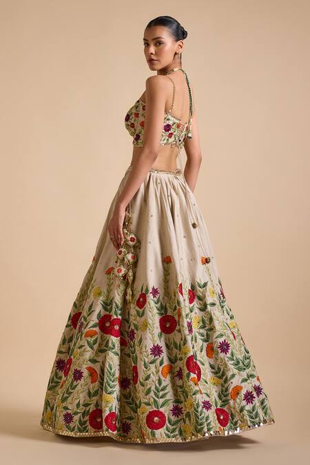 Prevasu_Ivory Silk, Net Sequins, Mirrors Thread Embroidered Floral Lehenga Set _Online_at_Aza_Fashions