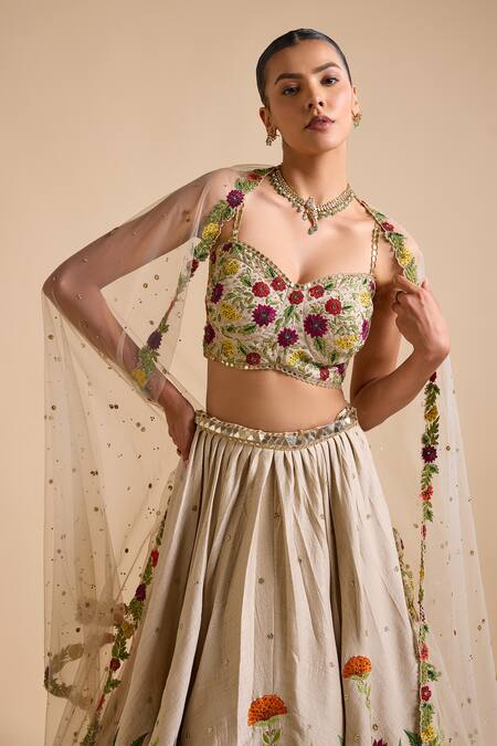 Buy_Prevasu_Ivory Silk, Net Sequins, Mirrors Thread Embroidered Floral Lehenga Set _Online_at_Aza_Fashions