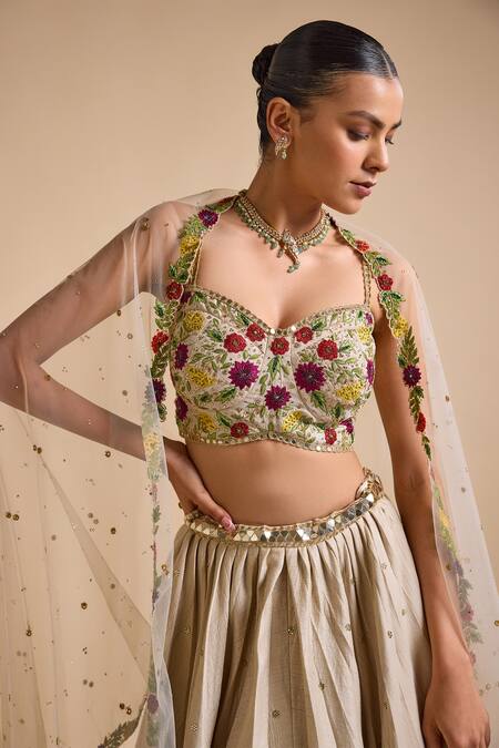 Prevasu_Ivory Silk, Net Sequins, Mirrors Thread Embroidered Floral Lehenga Set _at_Aza_Fashions