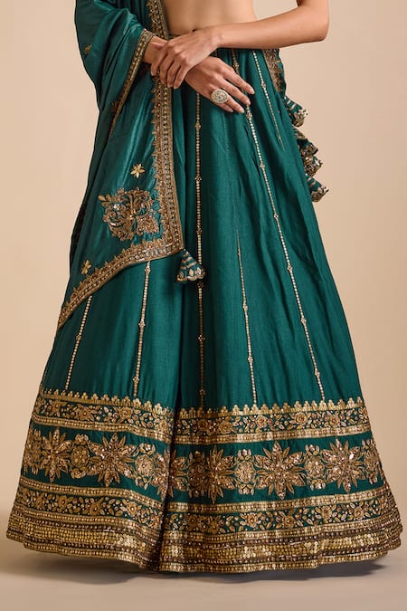 Prevasu_Green Tussar Sequins, Beads Square Neck Floral Zardozi Embroidered Lehenga Set _Online_at_Aza_Fashions