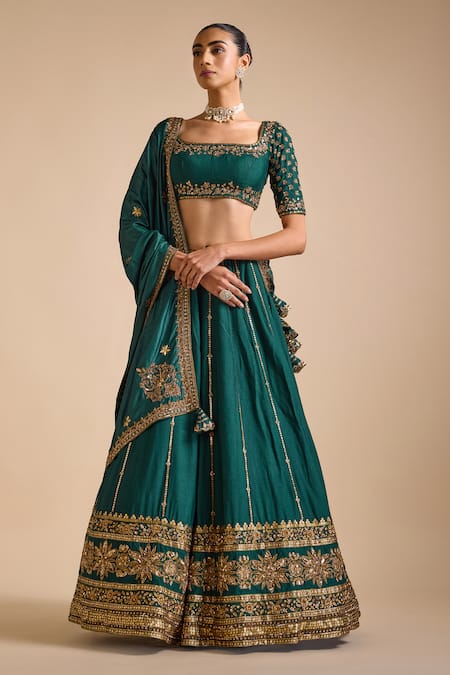 Buy_Prevasu_Green Tussar Sequins, Beads Square Neck Floral Zardozi Embroidered Lehenga Set _Online_at_Aza_Fashions