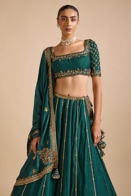 Shop_Prevasu_Green Tussar Sequins, Beads Square Neck Floral Zardozi Embroidered Lehenga Set _Online_at_Aza_Fashions