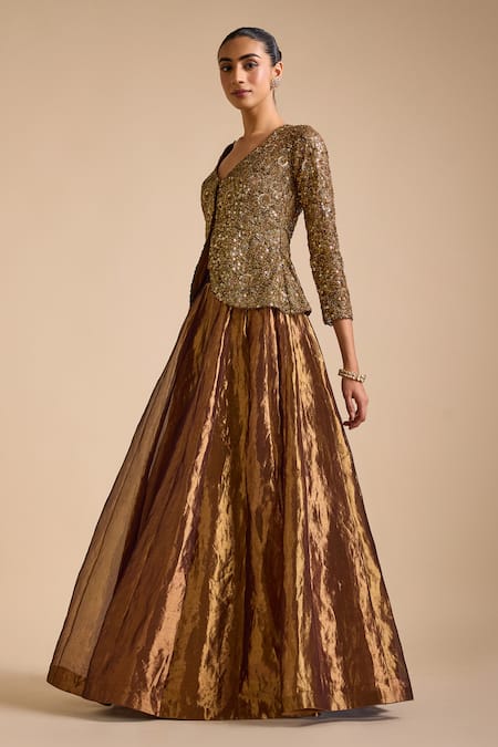 Prevasu_Brown Tissue, Silk Sequins, Metallic Lehenga With Zardozi Embroidered Jacket _Online_at_Aza_Fashions