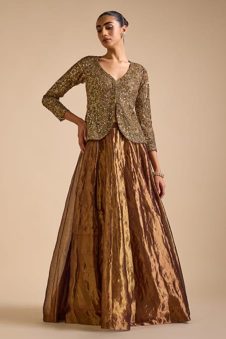 Buy_Prevasu_Brown Tissue, Silk Sequins, Metallic Lehenga With Zardozi Embroidered Jacket _Online_at_Aza_Fashions