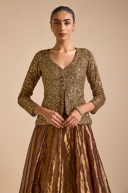 Shop_Prevasu_Brown Tissue, Silk Sequins, Metallic Lehenga With Zardozi Embroidered Jacket _Online_at_Aza_Fashions