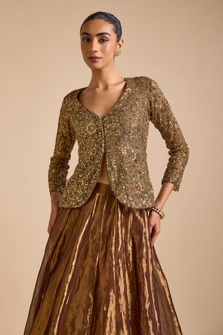 Prevasu_Brown Tissue, Silk Sequins, Metallic Lehenga With Zardozi Embroidered Jacket _at_Aza_Fashions