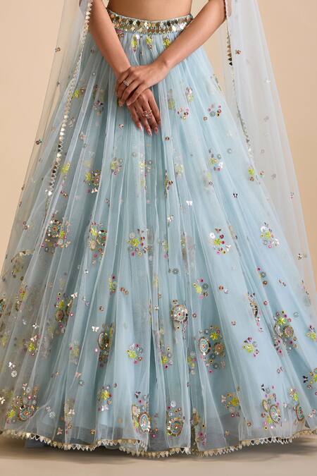 Prevasu_Blue Silk, Net Sequins, Mirrors, Floral Cluster Embellished Lehenga Set _Online_at_Aza_Fashions