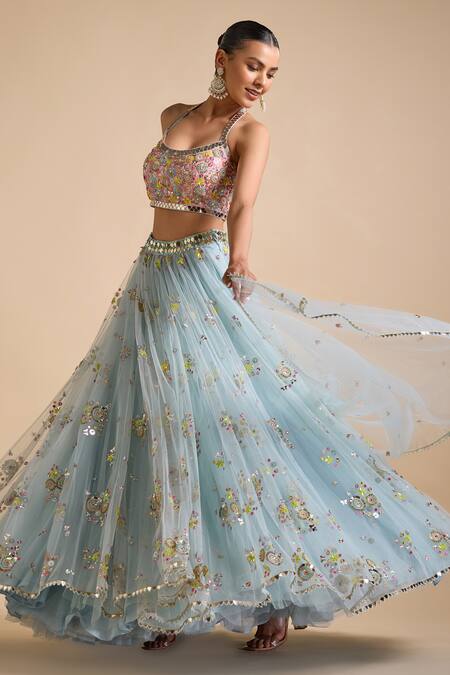 Buy_Prevasu_Blue Silk, Net Sequins, Mirrors, Floral Cluster Embellished Lehenga Set _Online_at_Aza_Fashions