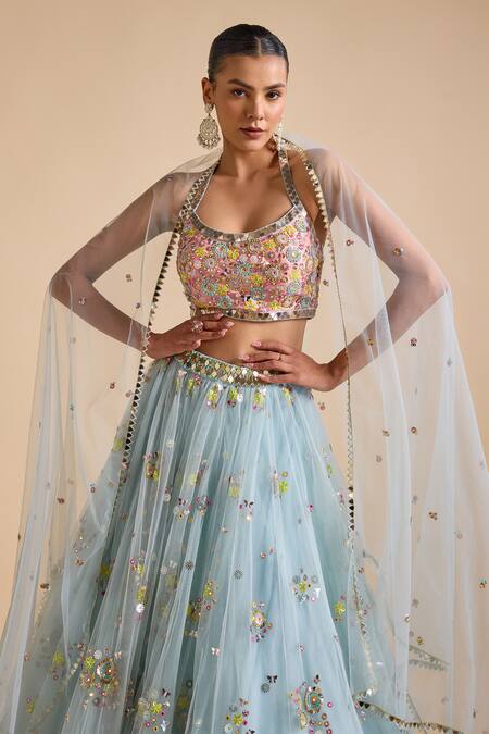 Shop_Prevasu_Blue Silk, Net Sequins, Mirrors, Floral Cluster Embellished Lehenga Set _Online_at_Aza_Fashions