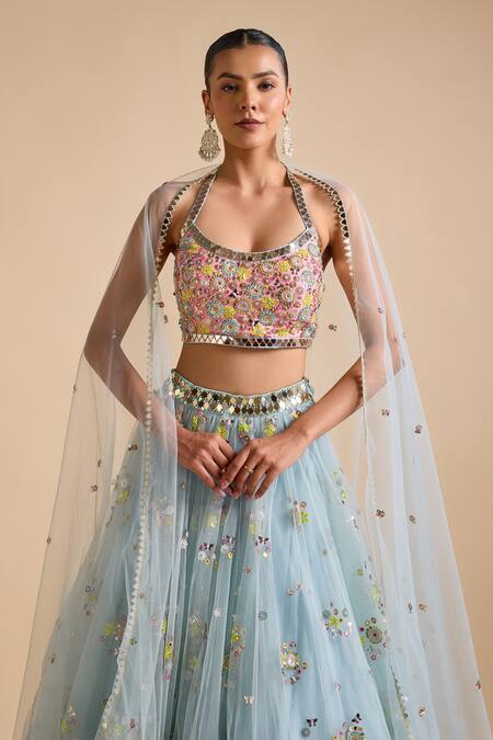Prevasu_Blue Silk, Net Sequins, Mirrors, Floral Cluster Embellished Lehenga Set _at_Aza_Fashions