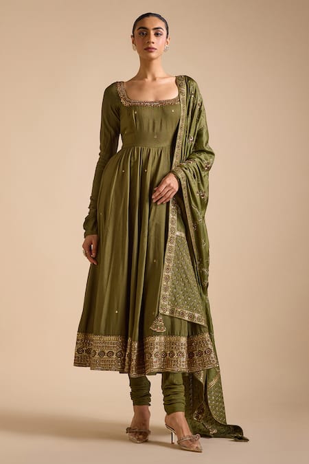 Prevasu Green Anarkali Blended Tussar Embroidery Zardozi Square Floral Churidar Set 