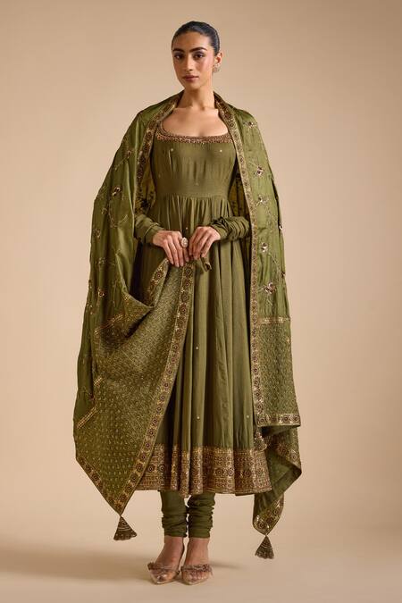 Prevasu_Green Tussar, Lycra Zari, Sequins, Zardozi Floral Anarkali Churidar Set _Online_at_Aza_Fashions