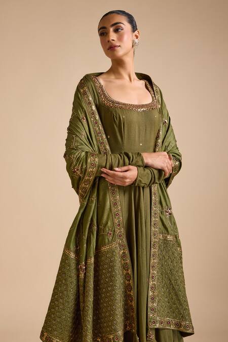 Shop_Prevasu_Green Tussar, Lycra Zari, Sequins, Zardozi Floral Anarkali Churidar Set _Online_at_Aza_Fashions