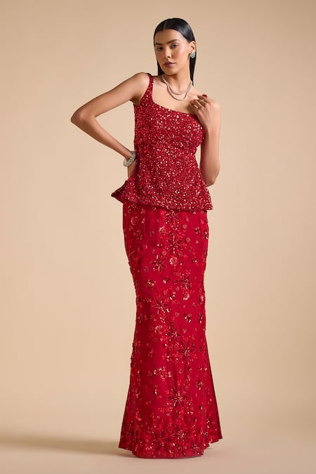 Prevasu Red Georgette Embroidery Sequin Embellished Peplum Top With Mermaid Skirt 