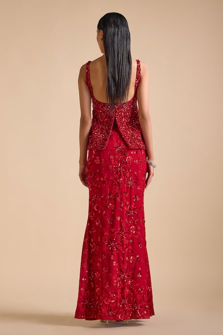 Prevasu Sequin Embellished Peplum Top With Applique Mermaid Skirt 