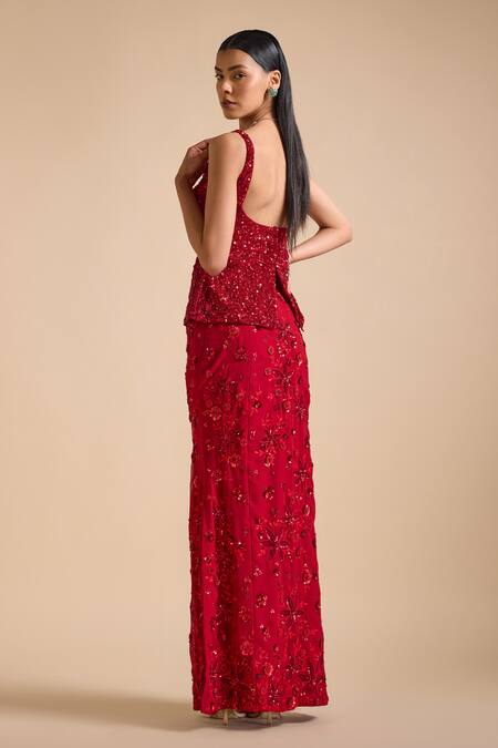 Prevasu_Red Georgette Sequins, Applique Embellished Peplum Top With Mermaid Skirt _Online_at_Aza_Fashions