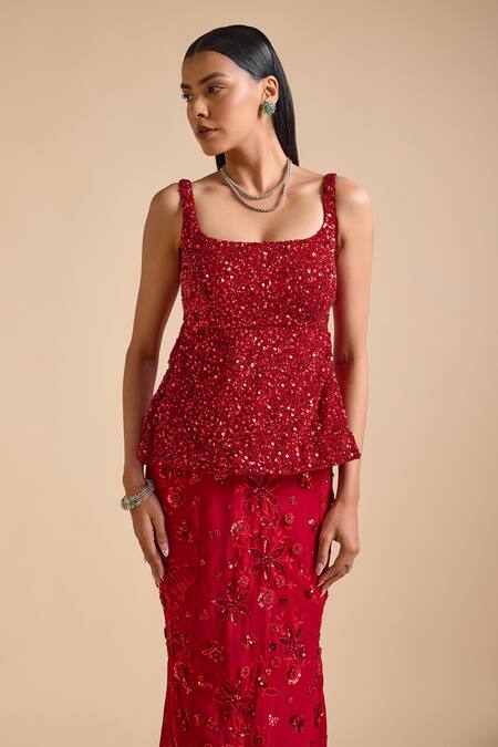 Buy_Prevasu_Red Georgette Sequins, Applique Embellished Peplum Top With Mermaid Skirt _Online_at_Aza_Fashions