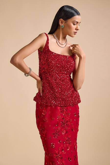 Shop_Prevasu_Red Georgette Sequins, Applique Embellished Peplum Top With Mermaid Skirt _Online_at_Aza_Fashions
