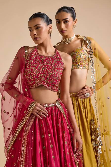 Buy_Prevasu_Pink Tussar, Net Sequins, Zari, Floral Bird Zardozi Embroidered Lehenga Set _Online_at_Aza_Fashions