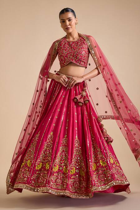 Shop_Prevasu_Pink Tussar, Net Sequins, Zari, Floral Bird Zardozi Embroidered Lehenga Set _Online_at_Aza_Fashions