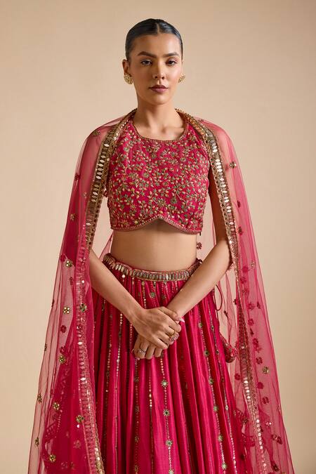 Prevasu_Pink Tussar, Net Sequins, Zari, Floral Bird Zardozi Embroidered Lehenga Set _at_Aza_Fashions