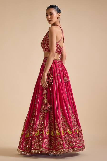 Buy_Prevasu_Pink Tussar, Net Sequins, Zari, Floral Bird Zardozi Embroidered Lehenga Set 
