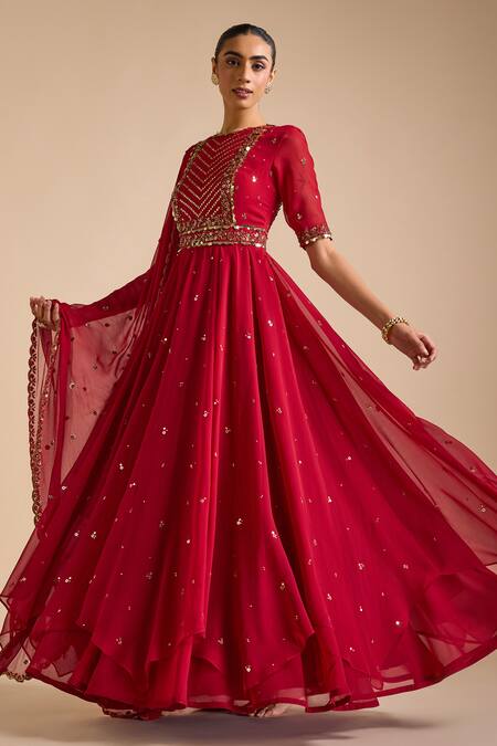Prevasu_Red Georgette Sequins, Beads, Floral Embellished Layered Anarkali With Dupatta _Online_at_Aza_Fashions
