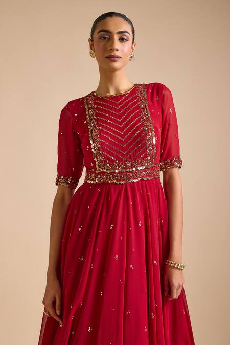 Buy_Prevasu_Red Georgette Sequins, Beads, Floral Embellished Layered Anarkali With Dupatta _Online_at_Aza_Fashions