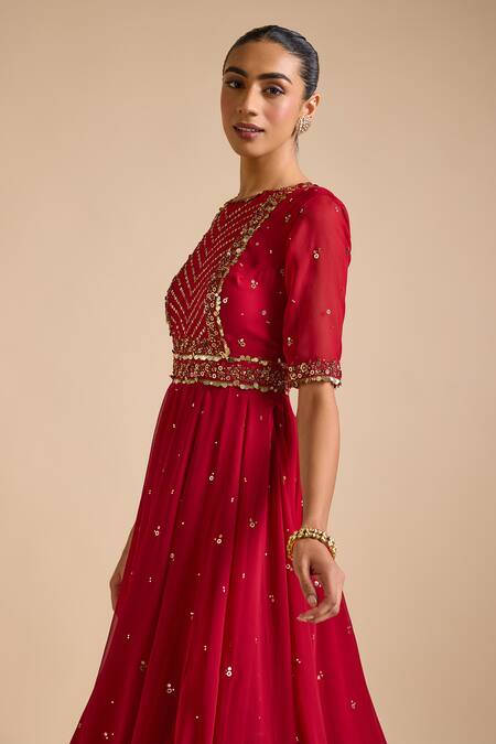 Shop_Prevasu_Red Georgette Sequins, Beads, Floral Embellished Layered Anarkali With Dupatta _Online_at_Aza_Fashions