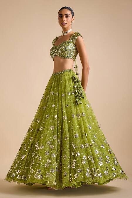 Prevasu_Green Net Sequins, Mirrors, Sitara Mirrorwork Embellished Floral Lehenga Set _Online_at_Aza_Fashions
