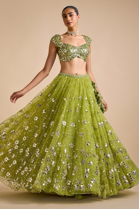 Buy_Prevasu_Green Net Sequins, Mirrors, Sitara Mirrorwork Embellished Floral Lehenga Set _Online_at_Aza_Fashions