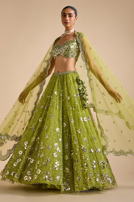 Shop_Prevasu_Green Net Sequins, Mirrors, Sitara Mirrorwork Embellished Floral Lehenga Set _Online_at_Aza_Fashions