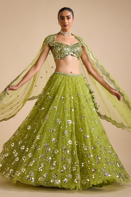 Prevasu_Green Net Sequins, Mirrors, Sitara Mirrorwork Embellished Floral Lehenga Set _at_Aza_Fashions