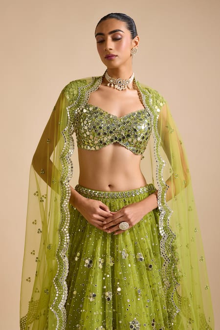 Buy_Prevasu_Green Net Sequins, Mirrors, Sitara Mirrorwork Embellished Floral Lehenga Set 