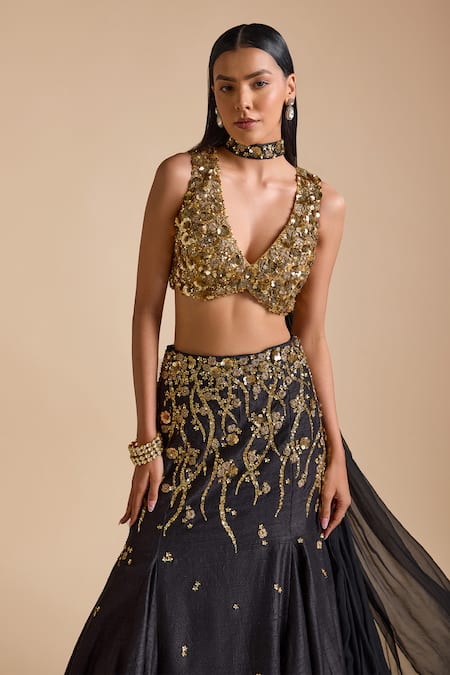 Prevasu_Black Net, Georgette, Silk Sequins, Floral Vine Embroidered Mermaid Lehenga Set _Online_at_Aza_Fashions