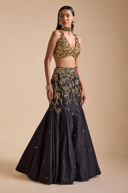 Buy_Prevasu_Black Net, Georgette, Silk Sequins, Floral Vine Embroidered Mermaid Lehenga Set _Online_at_Aza_Fashions