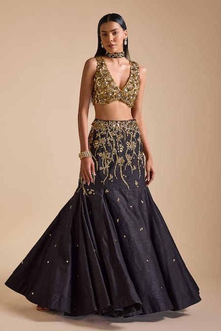 Shop_Prevasu_Black Net, Georgette, Silk Sequins, Floral Vine Embroidered Mermaid Lehenga Set _Online_at_Aza_Fashions