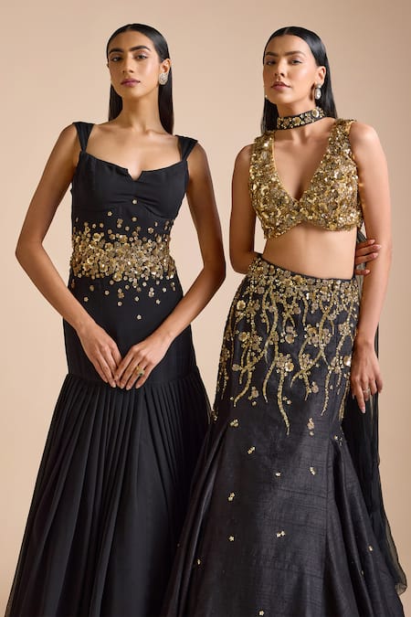 Prevasu_Black Net, Georgette, Silk Sequins, Floral Vine Embroidered Mermaid Lehenga Set _at_Aza_Fashions