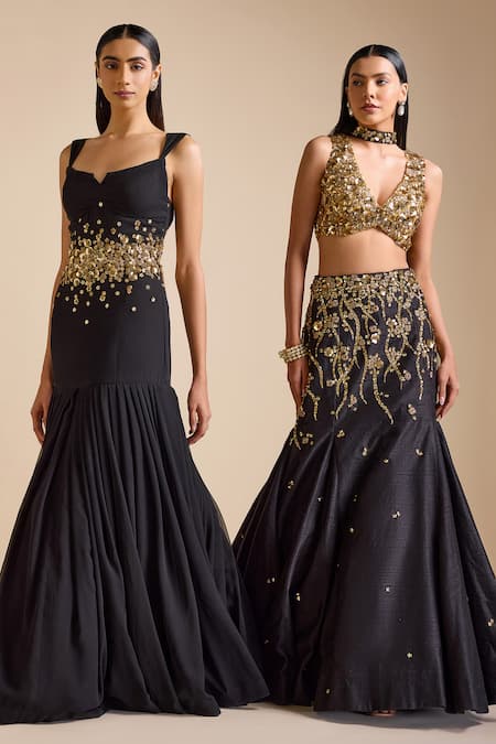 Buy_Prevasu_Black Net, Georgette, Silk Sequins, Floral Vine Embroidered Mermaid Lehenga Set 