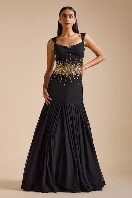 Prevasu Black Georgette Embroidery Sequin Notched Swan Floral Embellished Mermaid Gown 